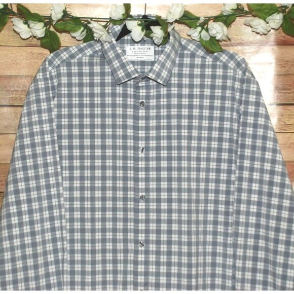 J.M. Haggar Men's Gray Plaid Button Front Dress Shirt Size 16-16.5 36/37 Career - Picture 2 of 6